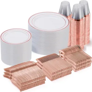 Goodluck 600 Pieces Rose Gold Disposable Plates for 100 Guests, Plastic Plates for Party, Wedding, Dinnerware Set of 100 Dinner Plates, 100 Salad Plates, 100 Spoons, 100 Forks, 100 Knives, 100 Cups