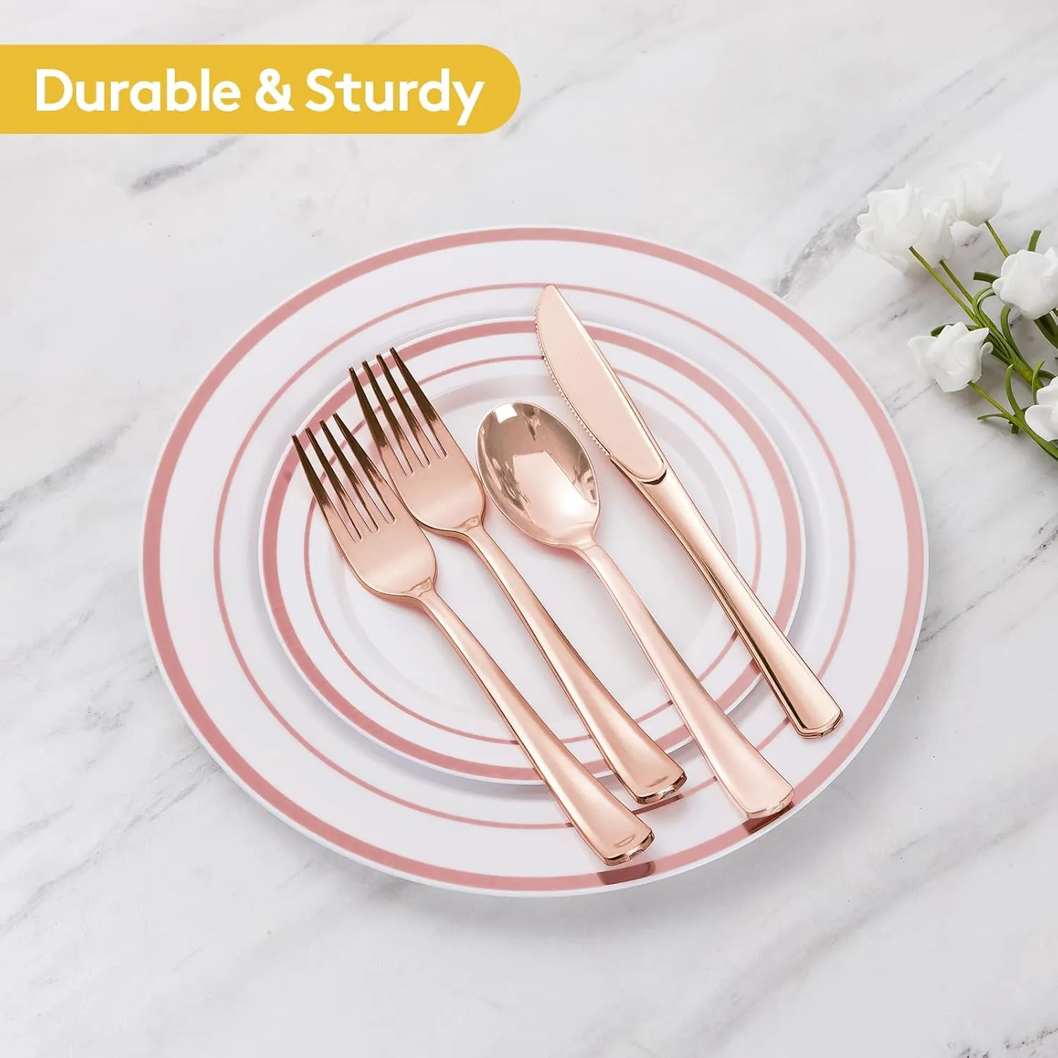 Goodluck 600 Pieces Rose Gold Disposable Plates for 100 Guests, Plastic Plates for Party, Wedding, Dinnerware Set of 100 Dinner Plates, 100 Salad Plates, 100 Spoons, 100 Forks, 100 Knives, 100 Cups
