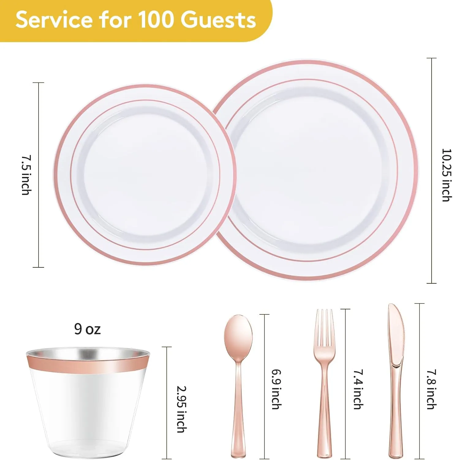 Goodluck 600 Pieces Rose Gold Disposable Plates for 100 Guests, Plastic Plates for Party, Wedding, Dinnerware Set of 100 Dinner Plates, 100 Salad Plates, 100 Spoons, 100 Forks, 100 Knives, 100 Cups