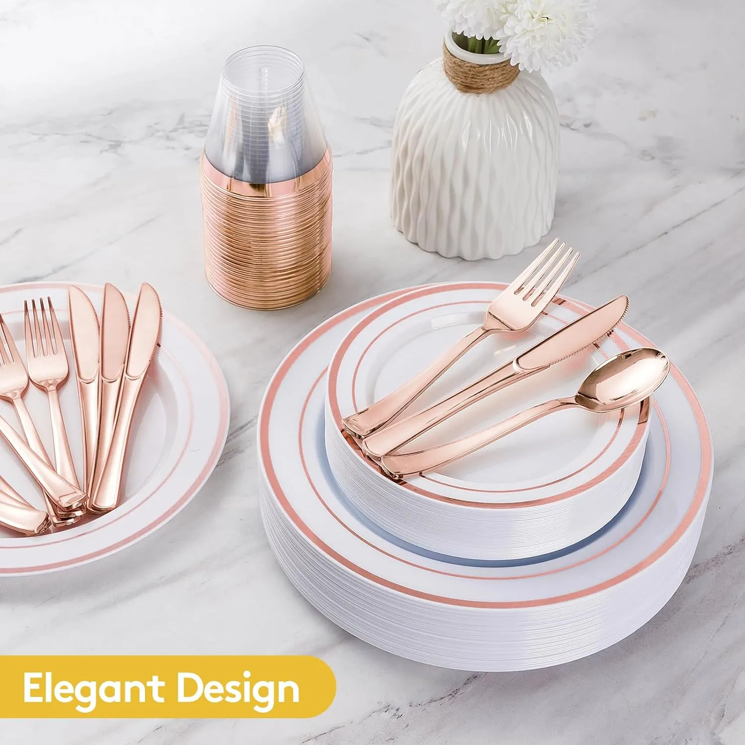 Goodluck 600 Pieces Rose Gold Disposable Plates for 100 Guests, Plastic Plates for Party, Wedding, Dinnerware Set of 100 Dinner Plates, 100 Salad Plates, 100 Spoons, 100 Forks, 100 Knives, 100 Cups