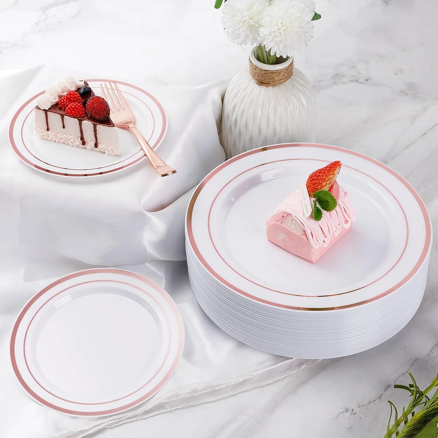 Goodluck 600 Pieces Rose Gold Disposable Plates for 100 Guests, Plastic Plates for Party, Wedding, Dinnerware Set of 100 Dinner Plates, 100 Salad Plates, 100 Spoons, 100 Forks, 100 Knives, 100 Cups