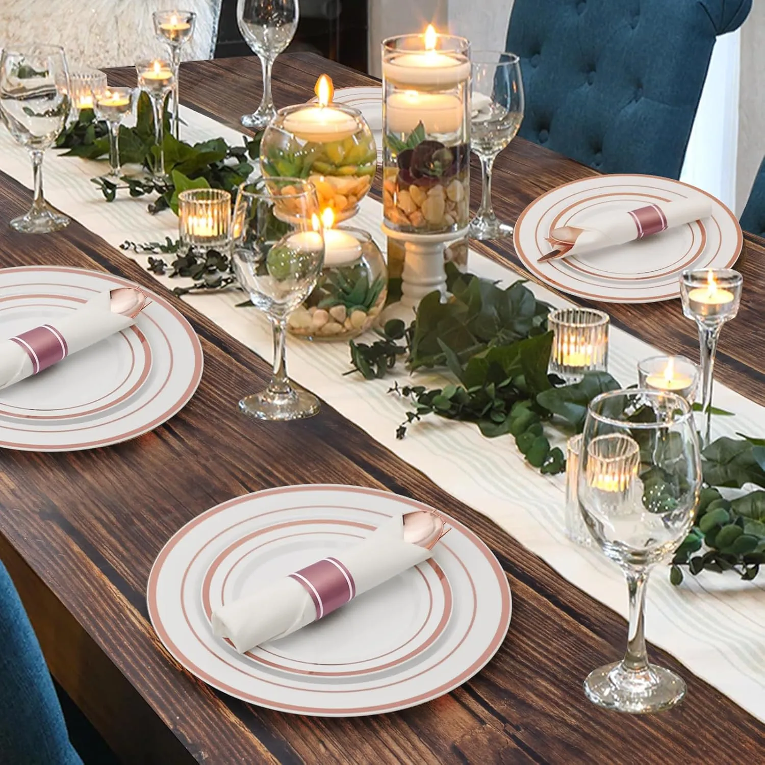 Goodluck 700 Piece Rose Gold Plastic Dinnerware Set for 100 Guests, Disposable Plates for Party, Include: 100 Dinner Plates, 100 Dessert Plates, 100 Pre Rolled Napkins with Silverware, 100 Cups