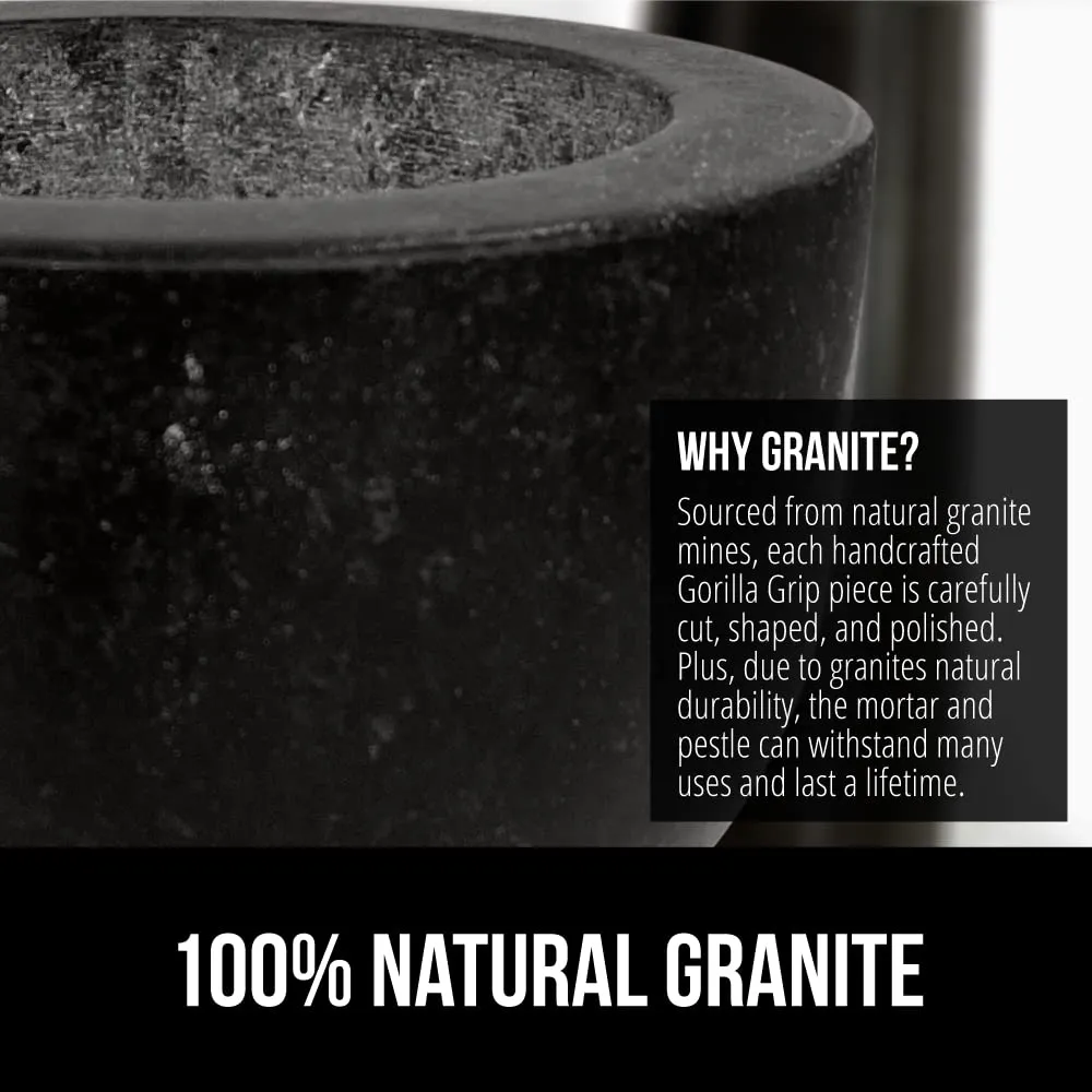 GORILLA GRIP Heavy Duty Mortar and Pestle Set with Slip Resistant Base, 100% Granite Stone Molcajete Guacamole Bowl, Grind Seeds Spices, Crush Garlic, Kitchen Muddler for Fresh Herbs, 1.5 Cup, Black