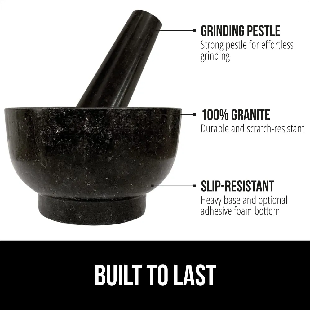 GORILLA GRIP Heavy Duty Mortar and Pestle Set with Slip Resistant Base, 100% Granite Stone Molcajete Guacamole Bowl, Grind Seeds Spices, Crush Garlic, Kitchen Muddler for Fresh Herbs, 1.5 Cup, Black