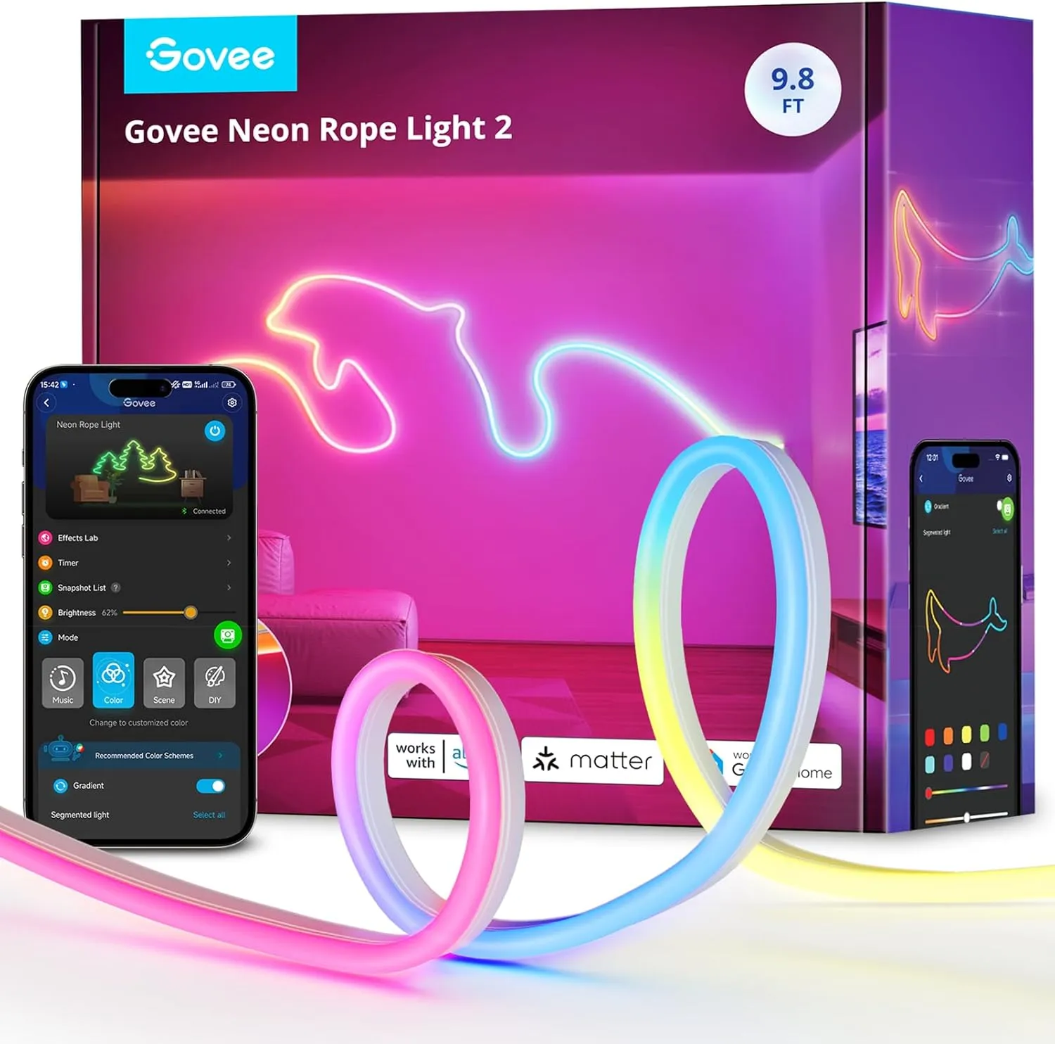 Govee RGBIC Neon Lights, LED Smart Neon Rope Light 2 Works with Matter, Alexa, Google Assistant, Custom DIY Neon Strip Lights for Bedroom and Wall Decor, Softer Material, 9.8ft, White