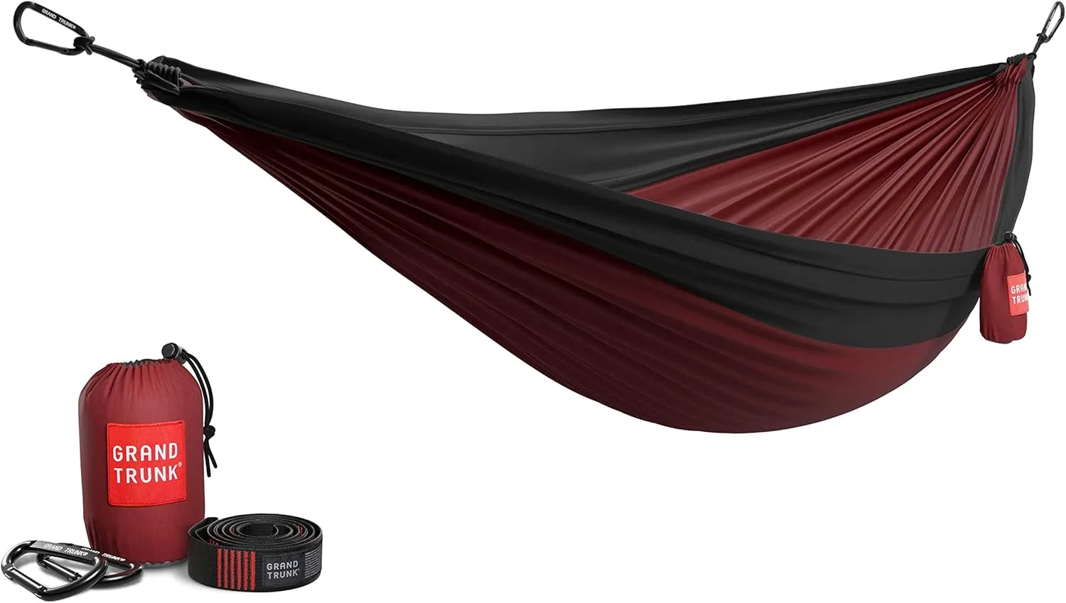 Grand Trunk Double Deluxe Parachute Nylon Hammock - 500lb Capacity Camping Hammock, 10.5x6.5ft, Lightweight & Durable (Crimson/Charcoal)