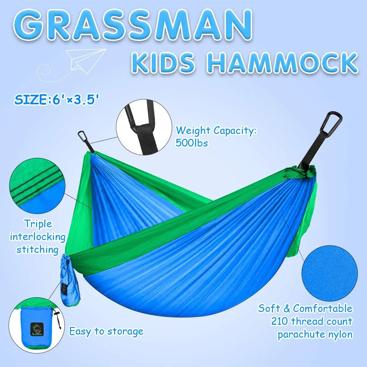 GRASSMAN Kids Hammock-Small Camping hammocks, Portable Camping Gear for Child Indoor/Outdoor use, with Tree Straps & Carabiners Blue & Green