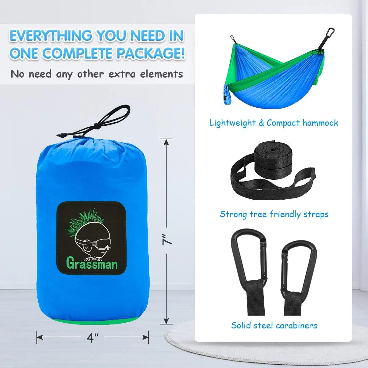 GRASSMAN Kids Hammock-Small Camping hammocks, Portable Camping Gear for Child Indoor/Outdoor use, with Tree Straps & Carabiners Blue & Green