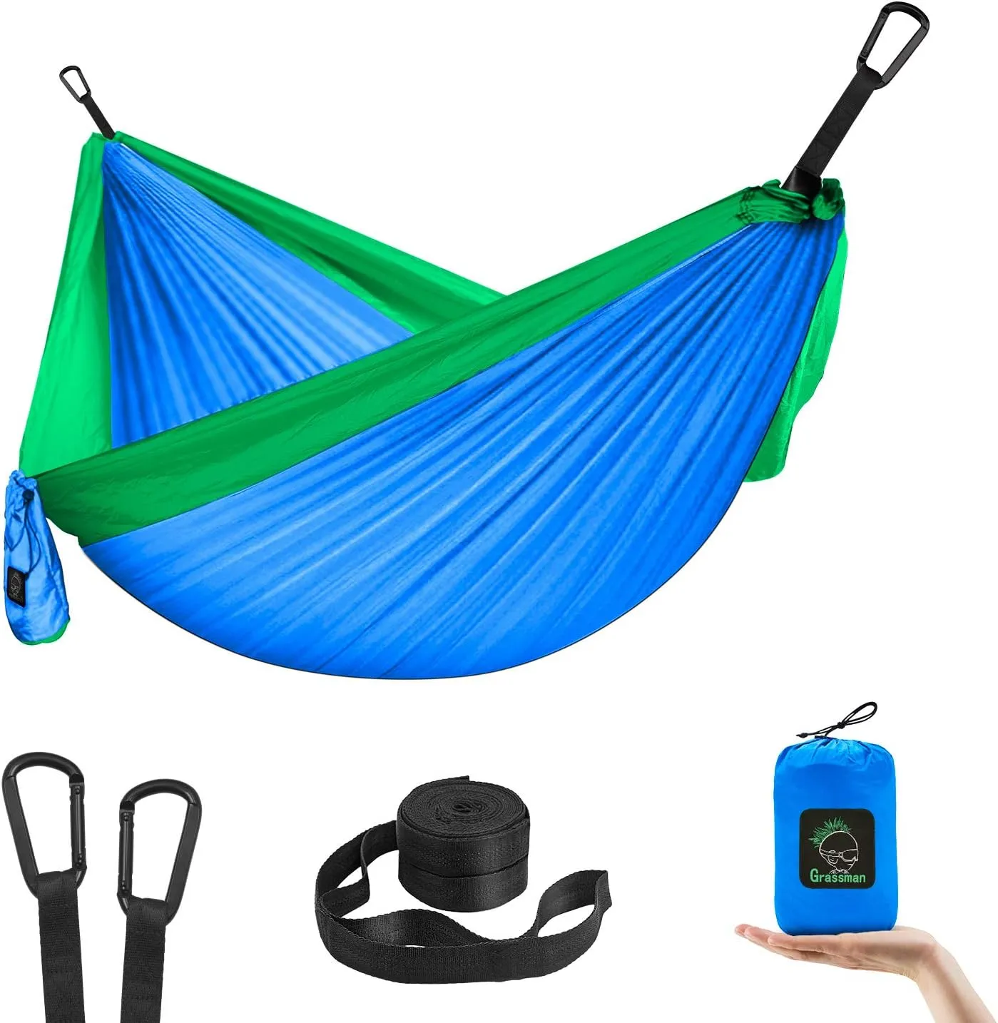 GRASSMAN Kids Hammock-Small Camping hammocks, Portable Camping Gear for Child Indoor/Outdoor use, with Tree Straps & Carabiners Blue & Green