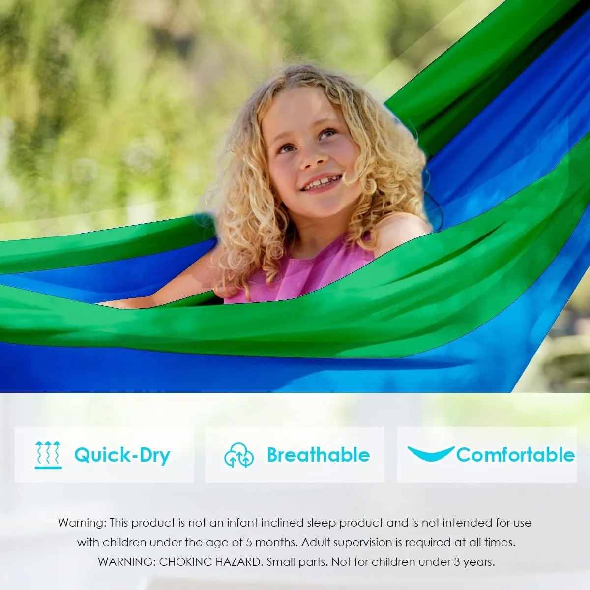 GRASSMAN Kids Hammock-Small Camping hammocks, Portable Camping Gear for Child Indoor/Outdoor use, with Tree Straps & Carabiners Blue & Green