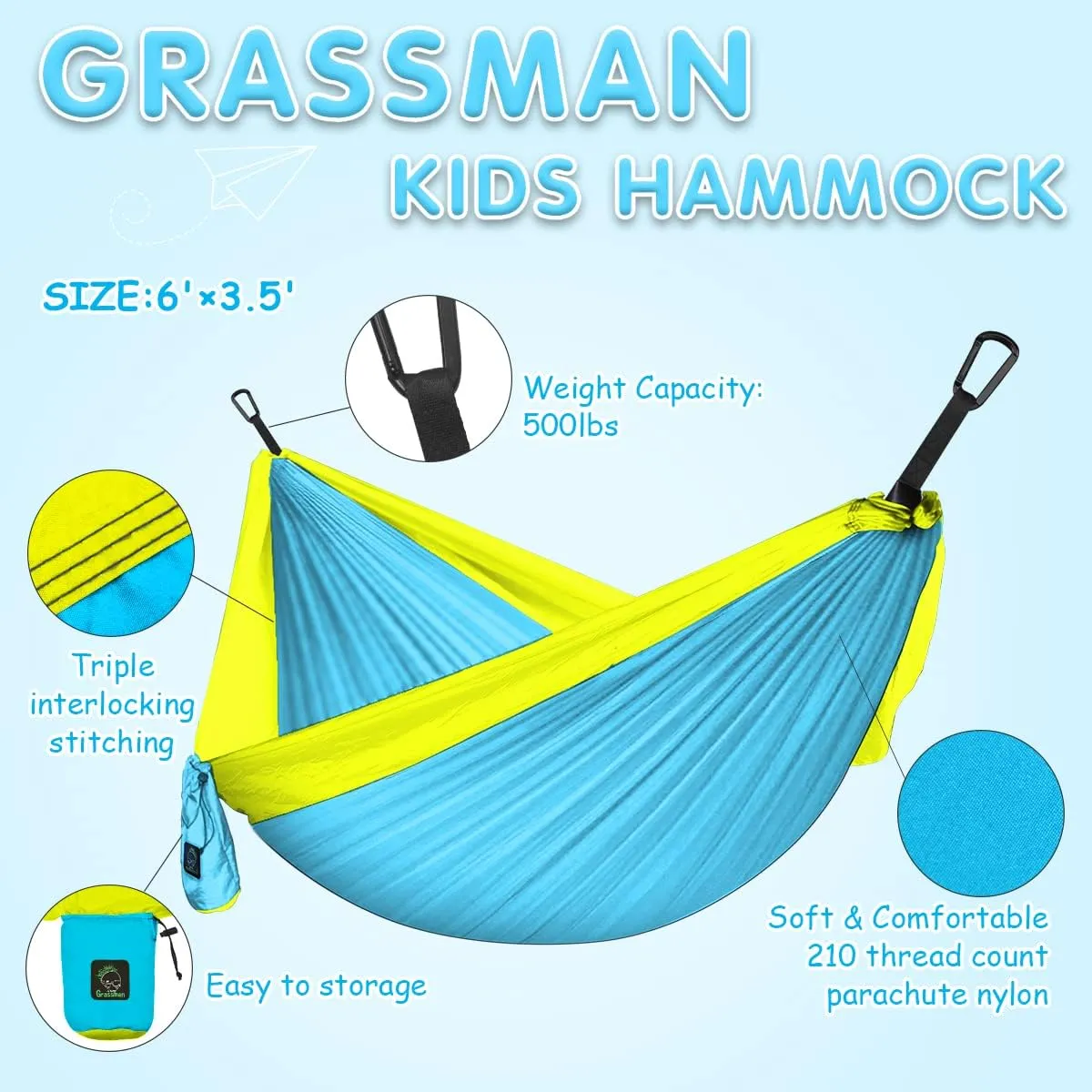 Grassman Kids Small Hammock for Camping Portable Hammock for Child Girls Boys Ultralight Backpack Mini Hammocks with Straps Sky Blue
