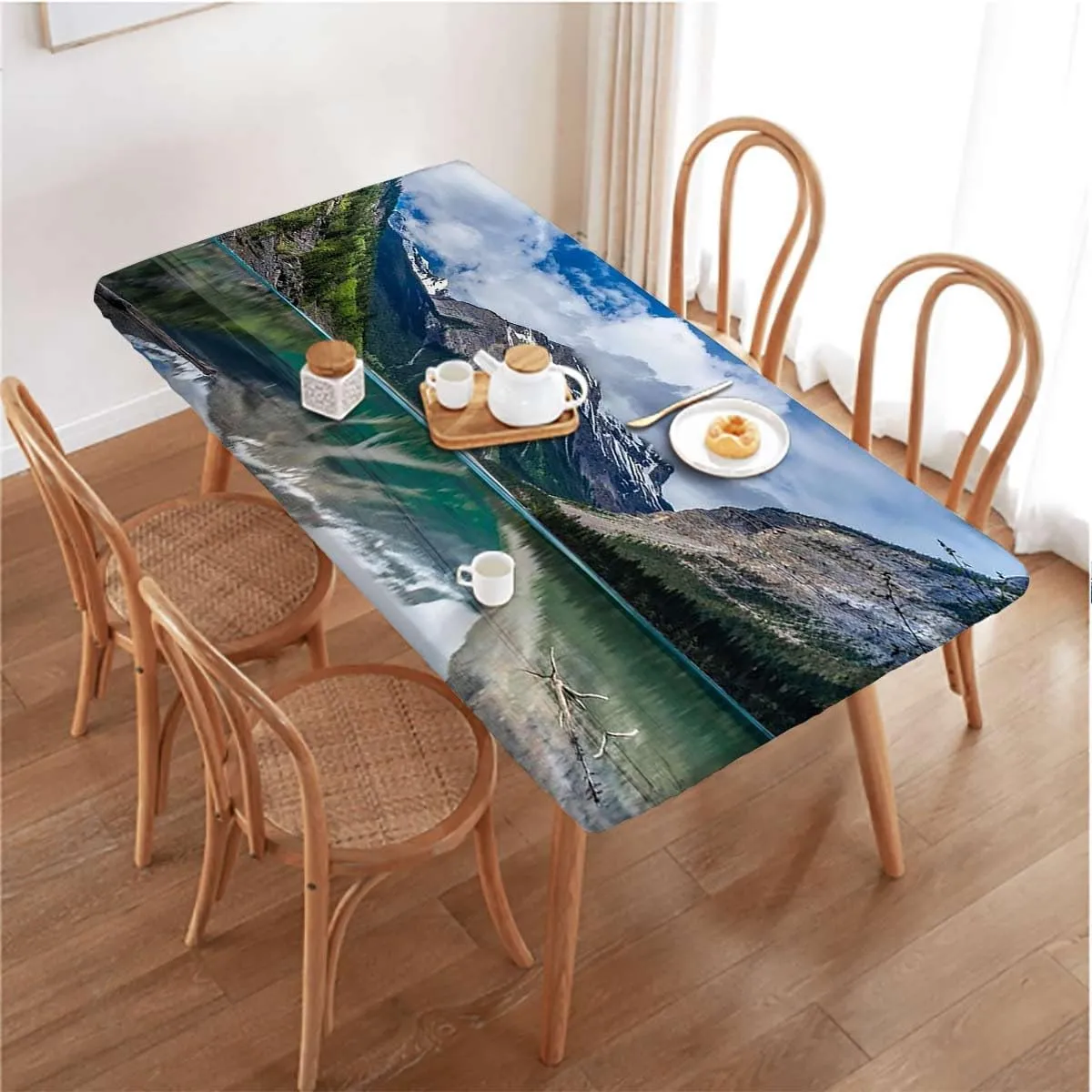 Green Blue Tablecloth Fitted Rectangle Mountains and Forest Picture Rectangle Table Cloth Reusable Table Cover for Picnic Dining Decoration Natural Landscape Fits up 5 Foot Tables