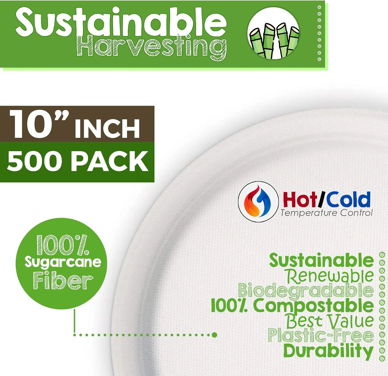 Green Earth, 10" inches, 500 Pack,Compostable Paper Plates Natural Bagasse, Sugarcane Fiber, Disposable Round Microwave Safe Eco Friendly Heavy-Duty