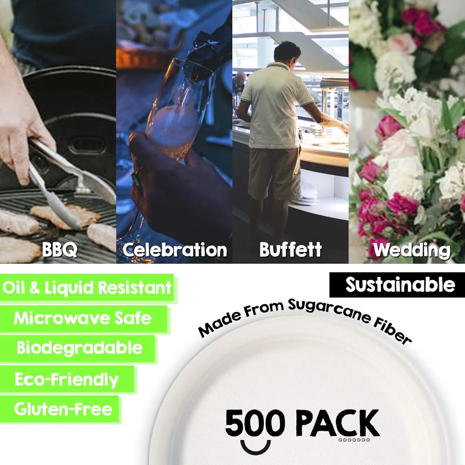 Green Earth, 10" inches, 500 Pack,Compostable Paper Plates Natural Bagasse, Sugarcane Fiber, Disposable Round Microwave Safe Eco Friendly Heavy-Duty