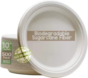 Green Earth, 10" inches, 500 Pack,Compostable Paper Plates Natural Bagasse, Sugarcane Fiber, Disposable Round Microwave Safe Eco Friendly Heavy-Duty