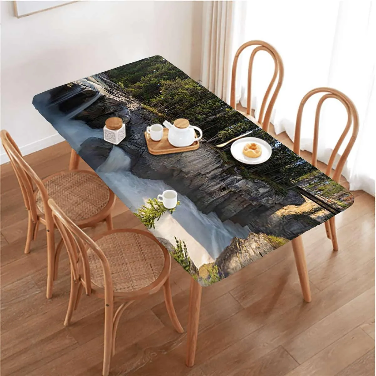 Green Elastic Edge Fitted Tablecloth, Park Alpine Forest Natural Scenic Elastic Edged Picnic Table Covers ?for Camping, Dining, Outdoor, Park, Patio Farm House Decor Fits up 5 Foot Tables