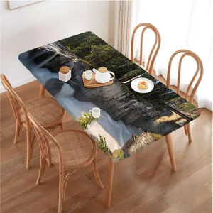Green Elastic Edge Fitted Tablecloth, Park Alpine Forest Natural Scenic Elastic Edged Picnic Table Covers ?for Camping, Dining, Outdoor, Park, Patio Farm House Decor Fits up 5 Foot Tables