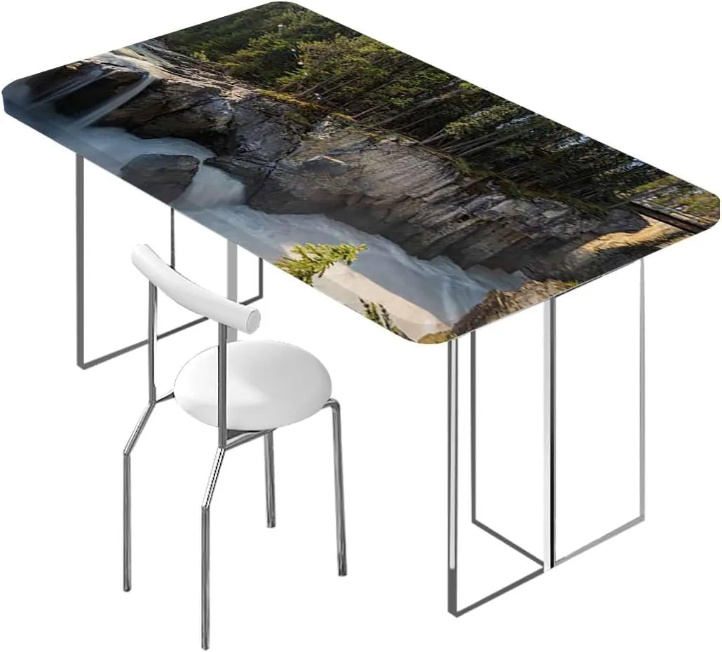 Green Elastic Edge Fitted Tablecloth, Park Alpine Forest Natural Scenic Elastic Edged Picnic Table Covers ?for Camping, Dining, Outdoor, Park, Patio Farm House Decor Fits up 5 Foot Tables