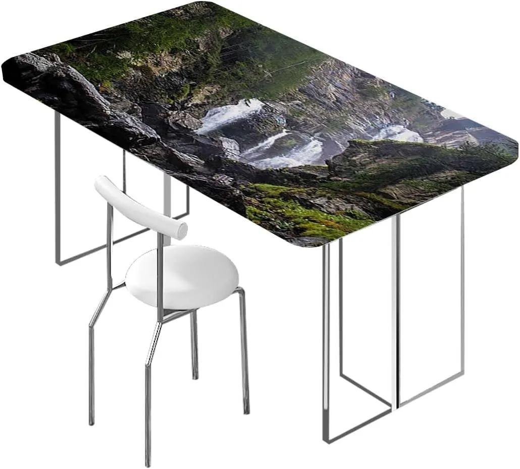 Green Fitted Tablecloth Cover, Park Alpine Forest Natural Scenic Elastic Edged Table Cover for Farm Kitchen Dining Picnic Coffee Patio Decor Farm House Decor Fits up 4 Foot Tables