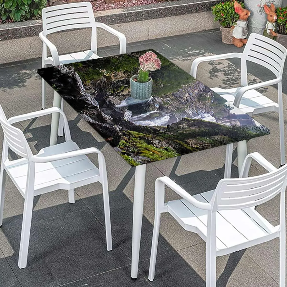 Green Fitted Tablecloth Cover, Park Alpine Forest Natural Scenic Elastic Edged Table Cover for Farm Kitchen Dining Picnic Coffee Patio Decor Farm House Decor Fits up 4 Foot Tables