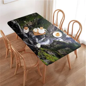 Green Fitted Tablecloth Cover, Park Alpine Forest Natural Scenic Elastic Edged Table Cover for Farm Kitchen Dining Picnic Coffee Patio Decor Farm House Decor Fits up 4 Foot Tables