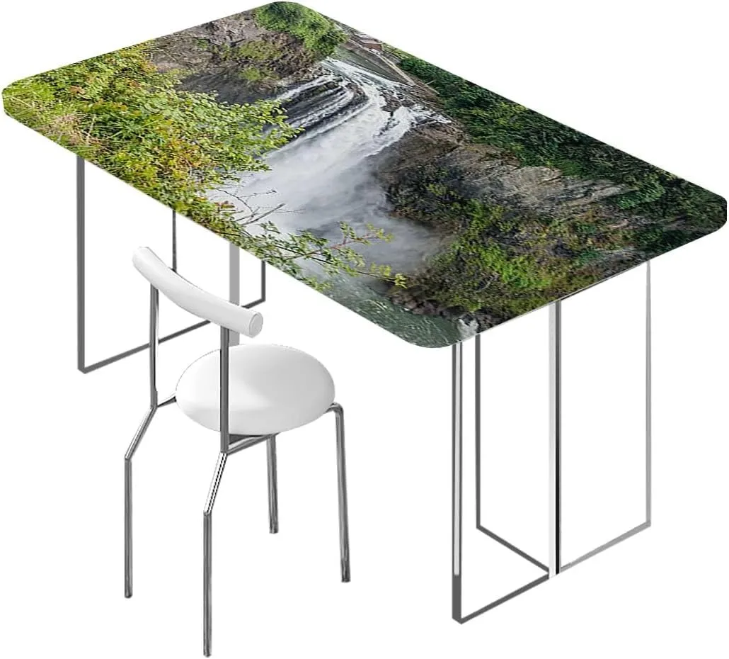 Green Fitted Tablecloth Cover, Park Alpine Forest Natural Scenic Table Cloth for Indoor Outdoor Picnic Parties Farm House Decor Fits up 4 Foot Tables