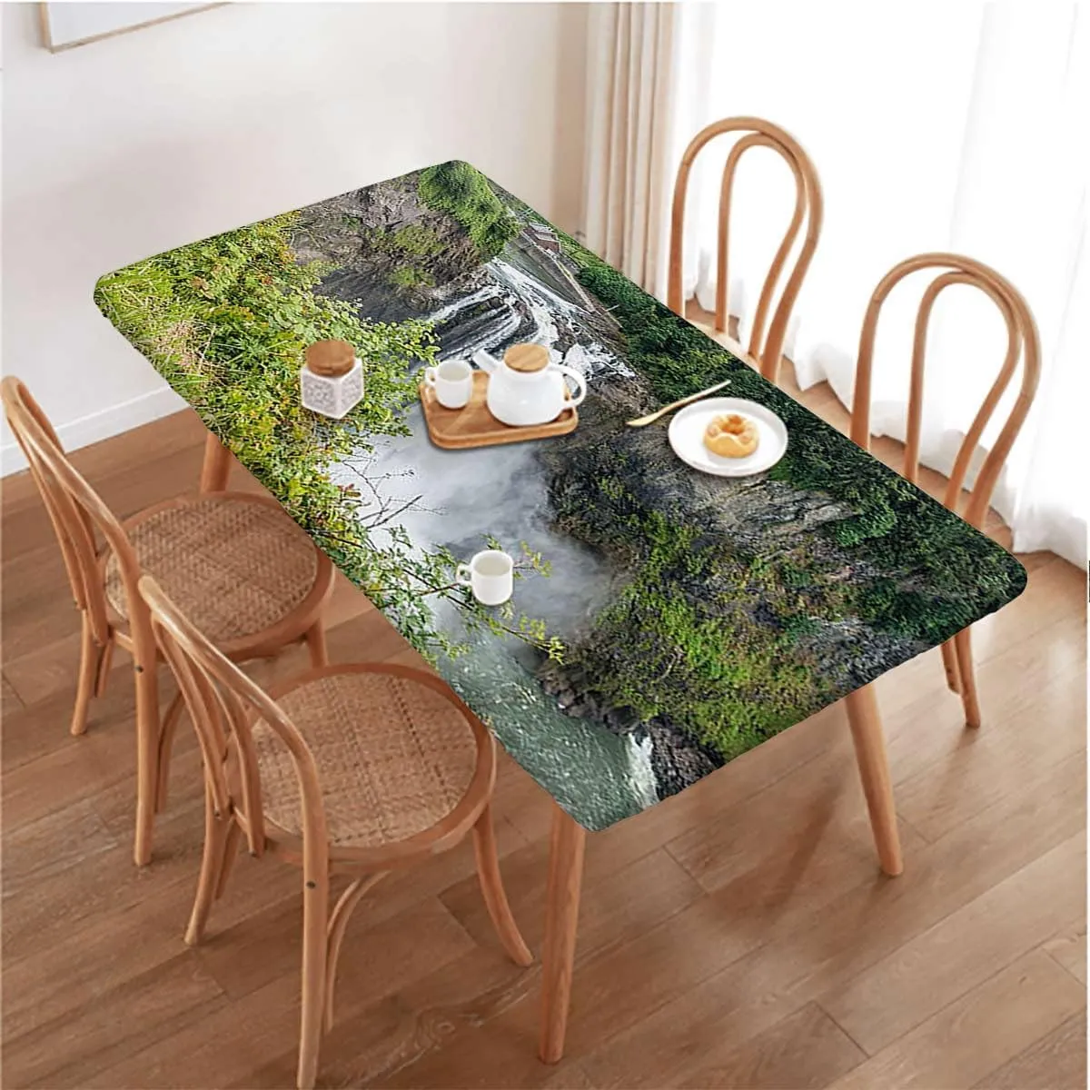 Green Fitted Tablecloth Cover, Park Alpine Forest Natural Scenic Table Cloth for Indoor Outdoor Picnic Parties Farm House Decor Fits up 4 Foot Tables