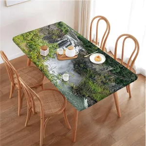 Green Fitted Tablecloth Cover, Park Alpine Forest Natural Scenic Table Cloth for Indoor Outdoor Picnic Parties Farm House Decor Fits up 4 Foot Tables
