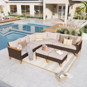 GREEN PARTY 8 Pieces Wicker Patio Furniture Set, All-Weather Outdoor Rattan Half-Moon Curved Patio Sectional Sofa Conversation Set 8 Seats for Garden, Backyard, 2 x Ottomans