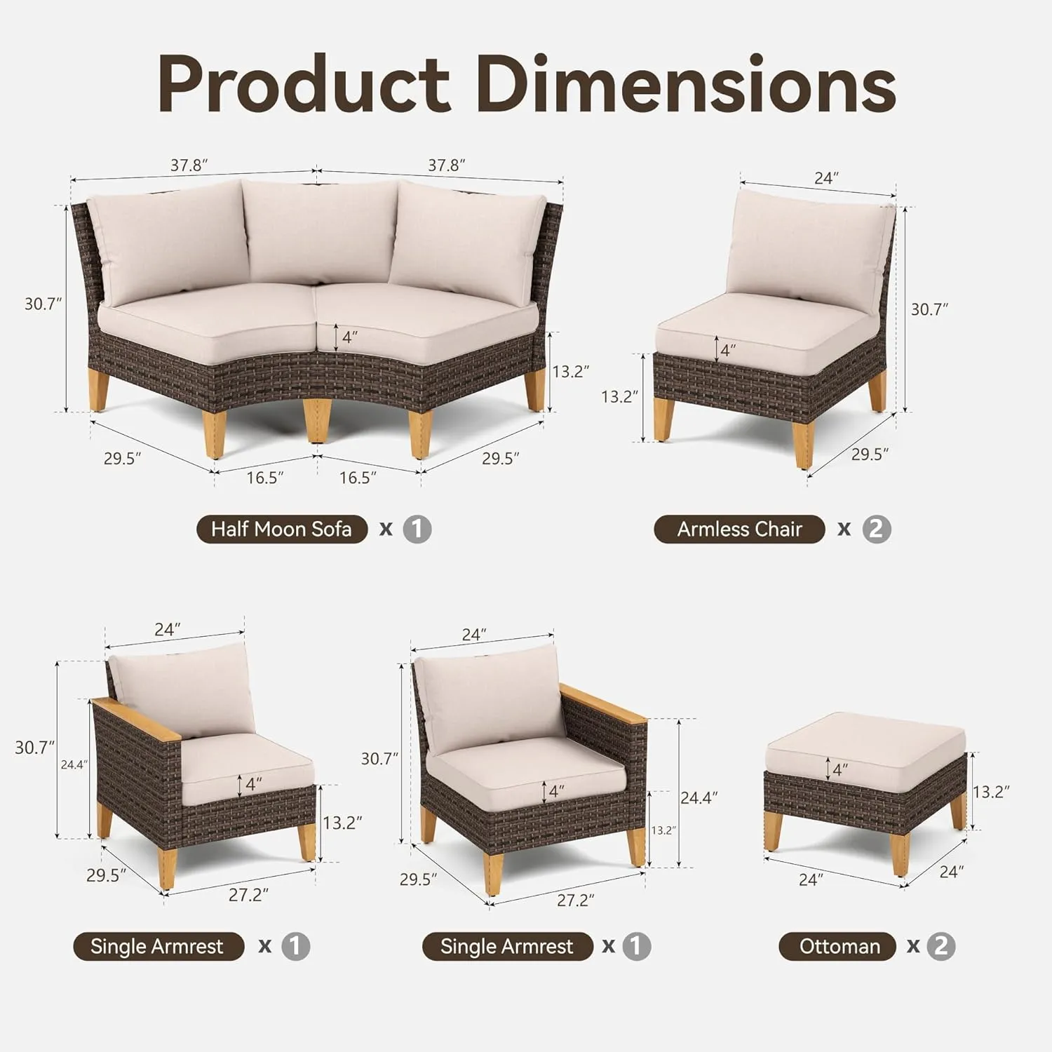 GREEN PARTY 8 Pieces Wicker Patio Furniture Set, All-Weather Outdoor Rattan Half-Moon Curved Patio Sectional Sofa Conversation Set 8 Seats for Garden, Backyard, 2 x Ottomans