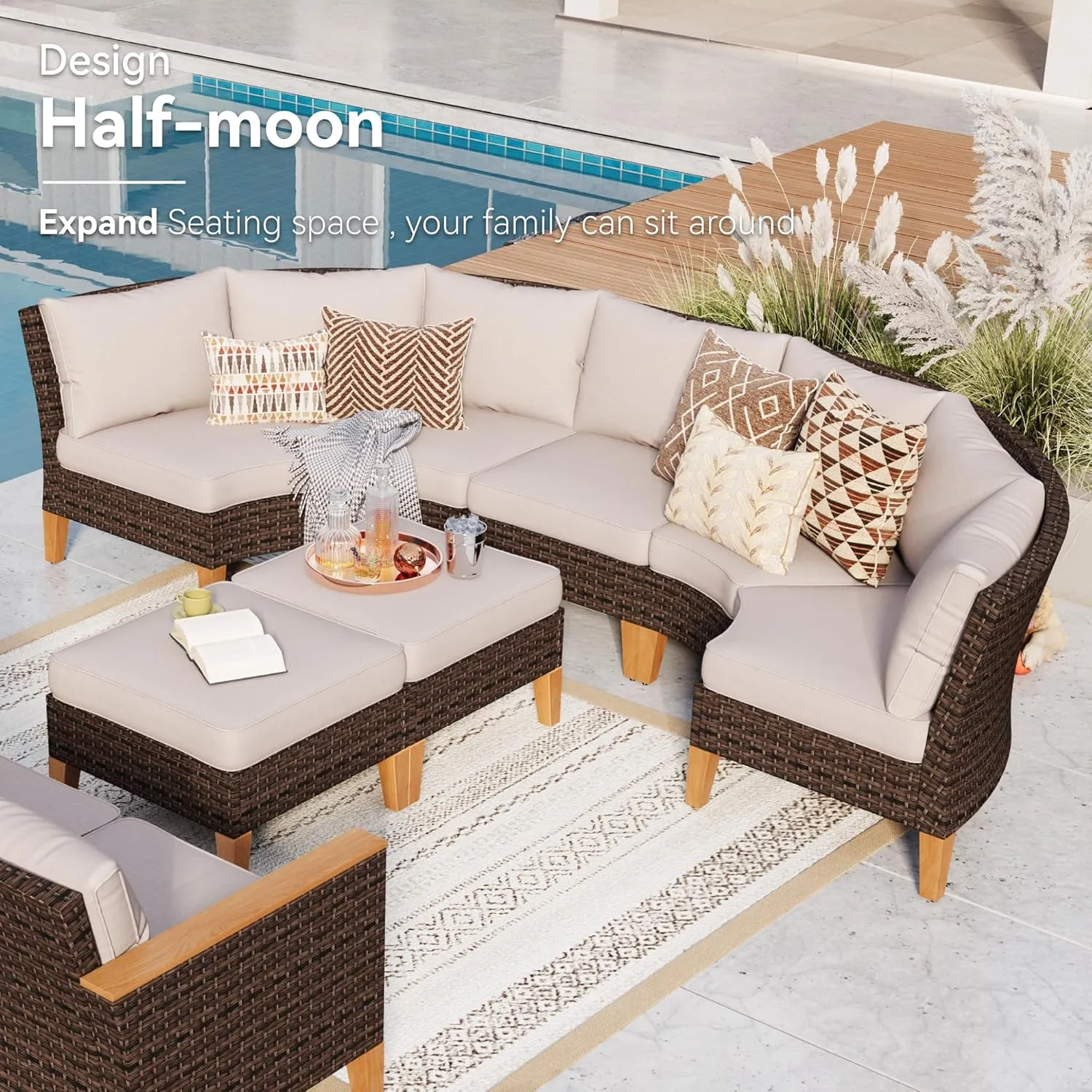 GREEN PARTY 8 Pieces Wicker Patio Furniture Set, All-Weather Outdoor Rattan Half-Moon Curved Patio Sectional Sofa Conversation Set 8 Seats for Garden, Backyard, 2 x Ottomans