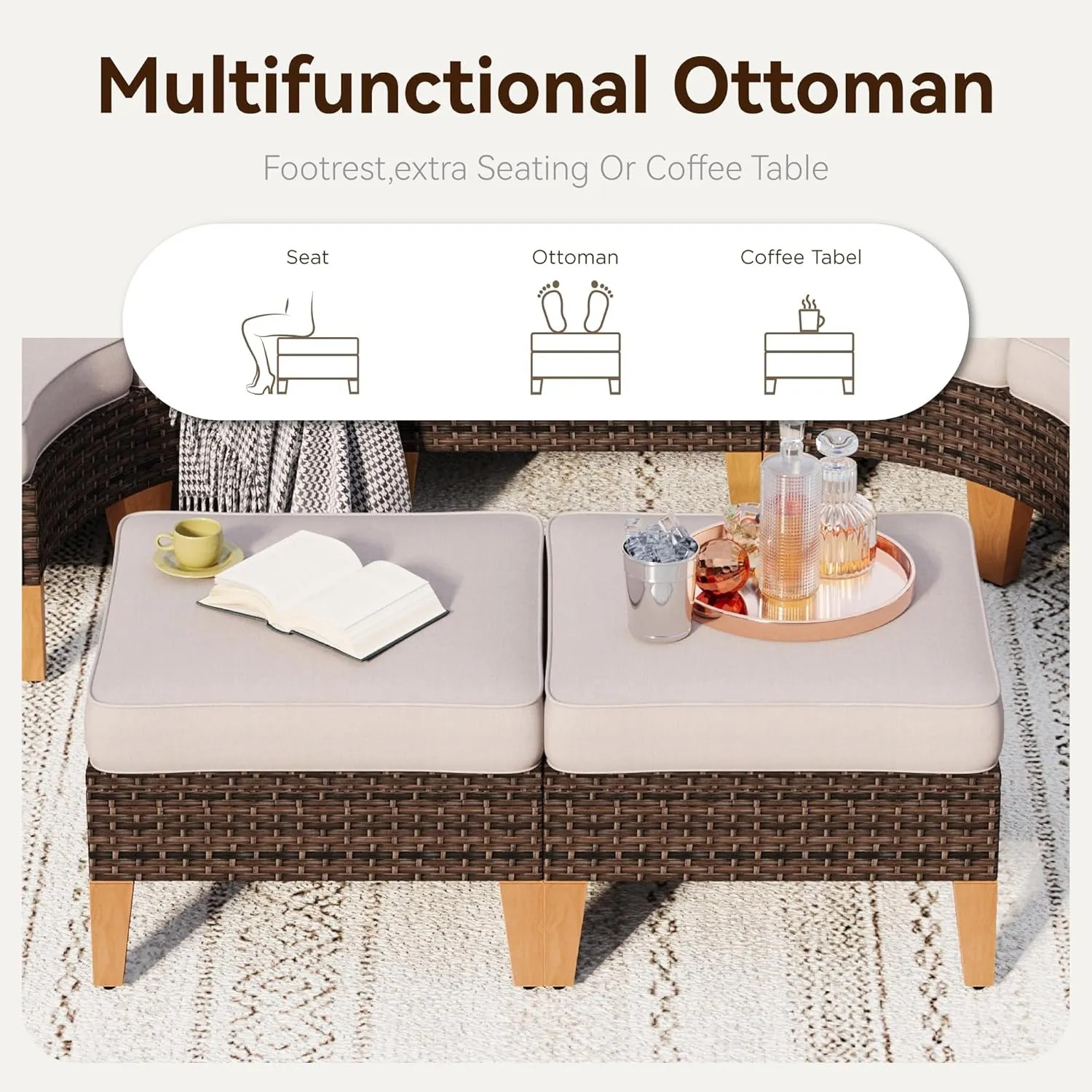 GREEN PARTY 8 Pieces Wicker Patio Furniture Set, All-Weather Outdoor Rattan Half-Moon Curved Patio Sectional Sofa Conversation Set 8 Seats for Garden, Backyard, 2 x Ottomans