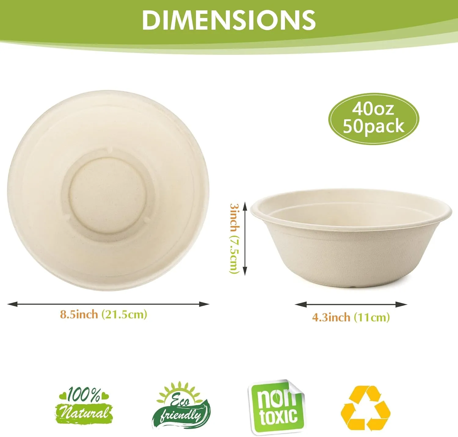 Green Swan Disposable Paper Bowls, 40 Oz [50 Pack] Large Bowl-100% Compostable, Biodegradable, Eco-Friendly Natural Colour Bowls - Convenient for Daily Use for Salad, Hot Soup, and Pasta (40 Oz)