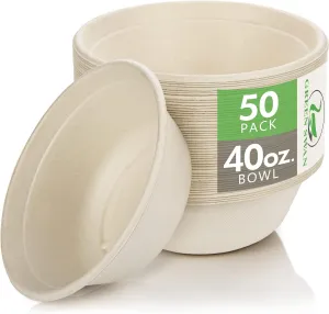 Green Swan Disposable Paper Bowls, 40 Oz [50 Pack] Large Bowl-100% Compostable, Biodegradable, Eco-Friendly Natural Colour Bowls - Convenient for Daily Use for Salad, Hot Soup, and Pasta (40 Oz)