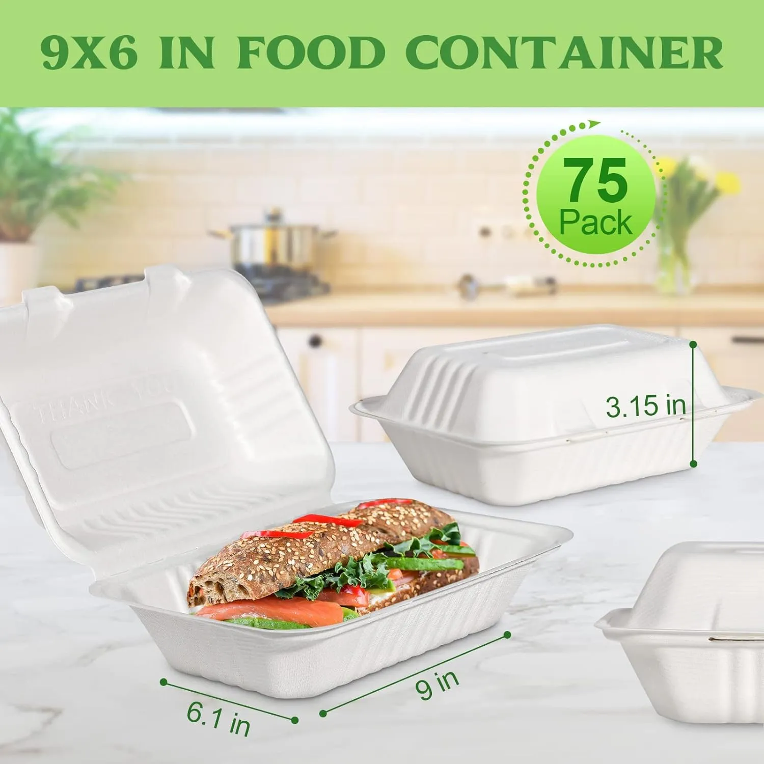 greensight Clamshell Take Out Food Container 75 Pack, 9 x 6 Compostable To Go Containers, Disposable To Go Boxes Heavy Duty, Biodegradable Eco Friendly Containers With White Bagasse