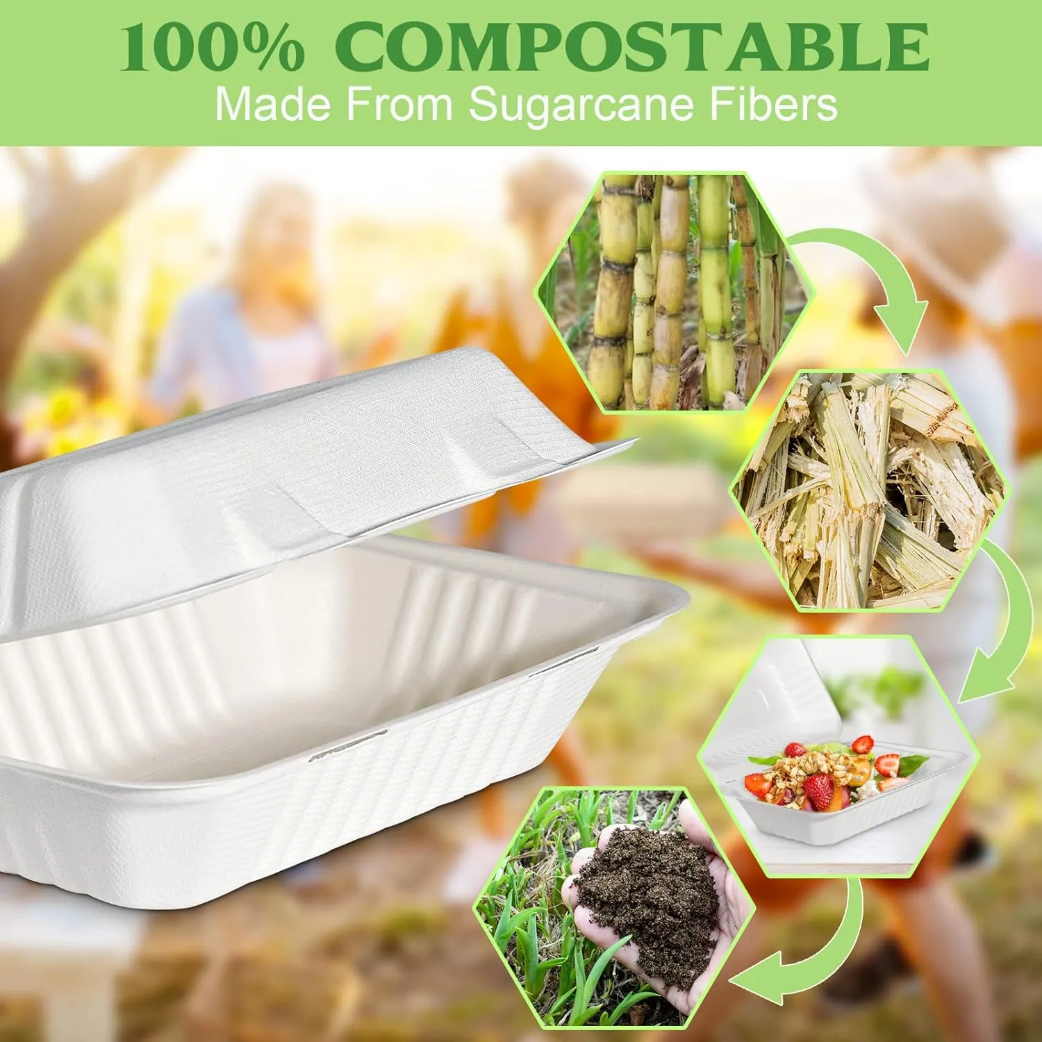 greensight Clamshell Take Out Food Container 75 Pack, 9 x 6 Compostable To Go Containers, Disposable To Go Boxes Heavy Duty, Biodegradable Eco Friendly Containers With White Bagasse