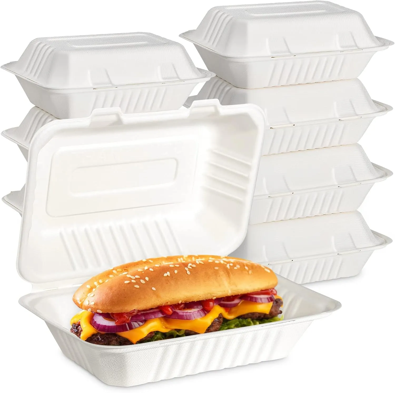 greensight Clamshell Take Out Food Container 75 Pack, 9 x 6 Compostable To Go Containers, Disposable To Go Boxes Heavy Duty, Biodegradable Eco Friendly Containers With White Bagasse