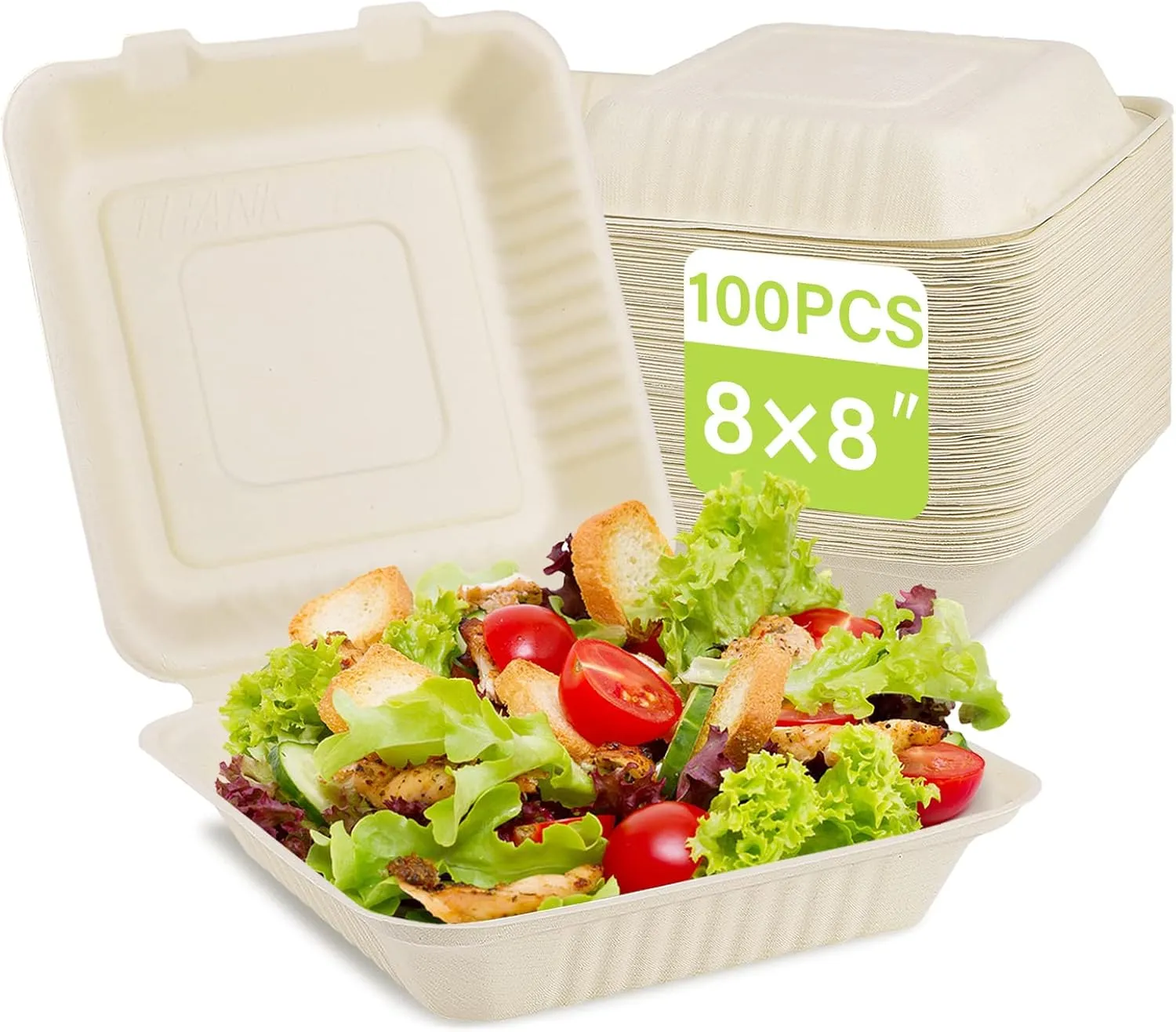 greensight Clamshell Take Out Food Containers 8X8, 100 Pack Compostable To Go Containers, Disposable To Go Food Boxes, Eco-Friendly Made From Sugarcane Fibers