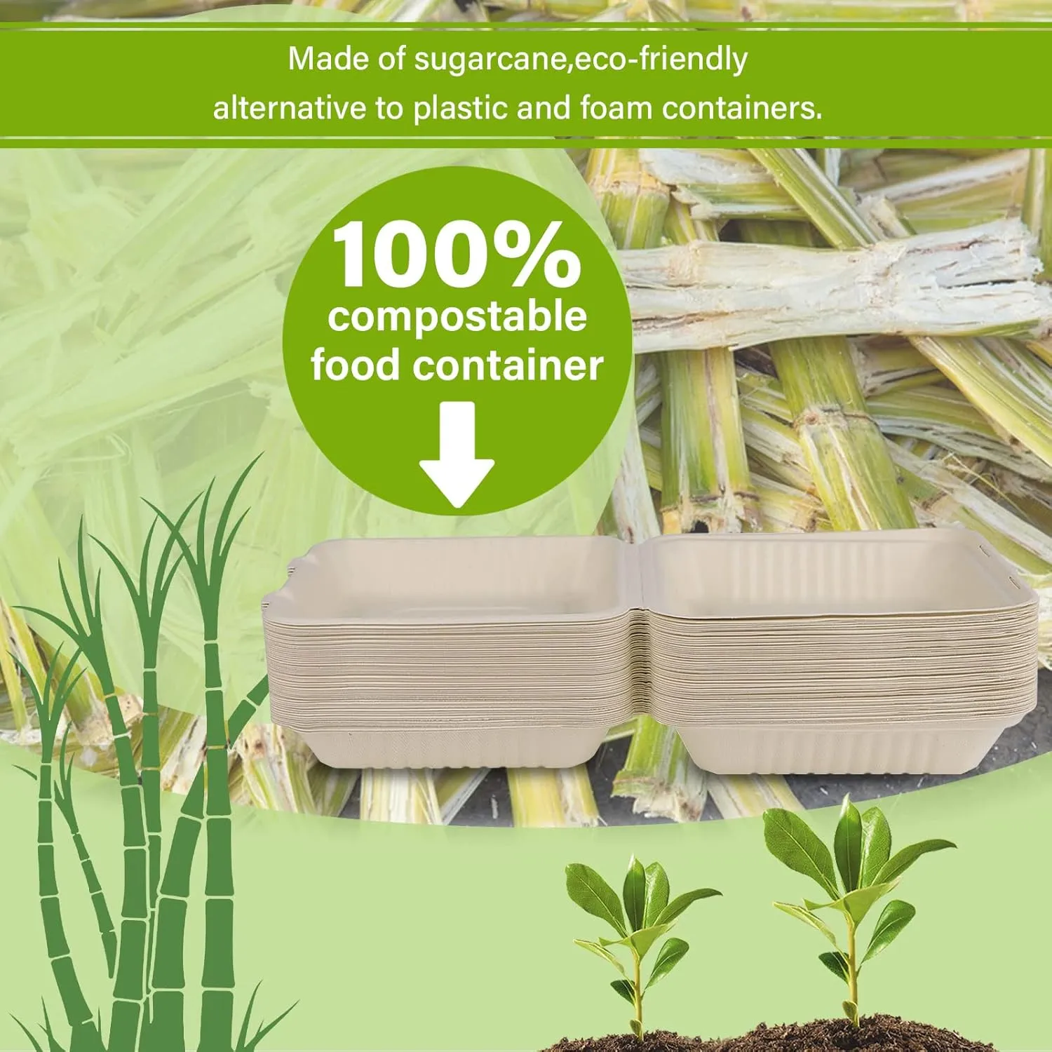 greensight Clamshell Take Out Food Containers 8X8, 100 Pack Compostable To Go Containers, Disposable To Go Food Boxes, Eco-Friendly Made From Sugarcane Fibers