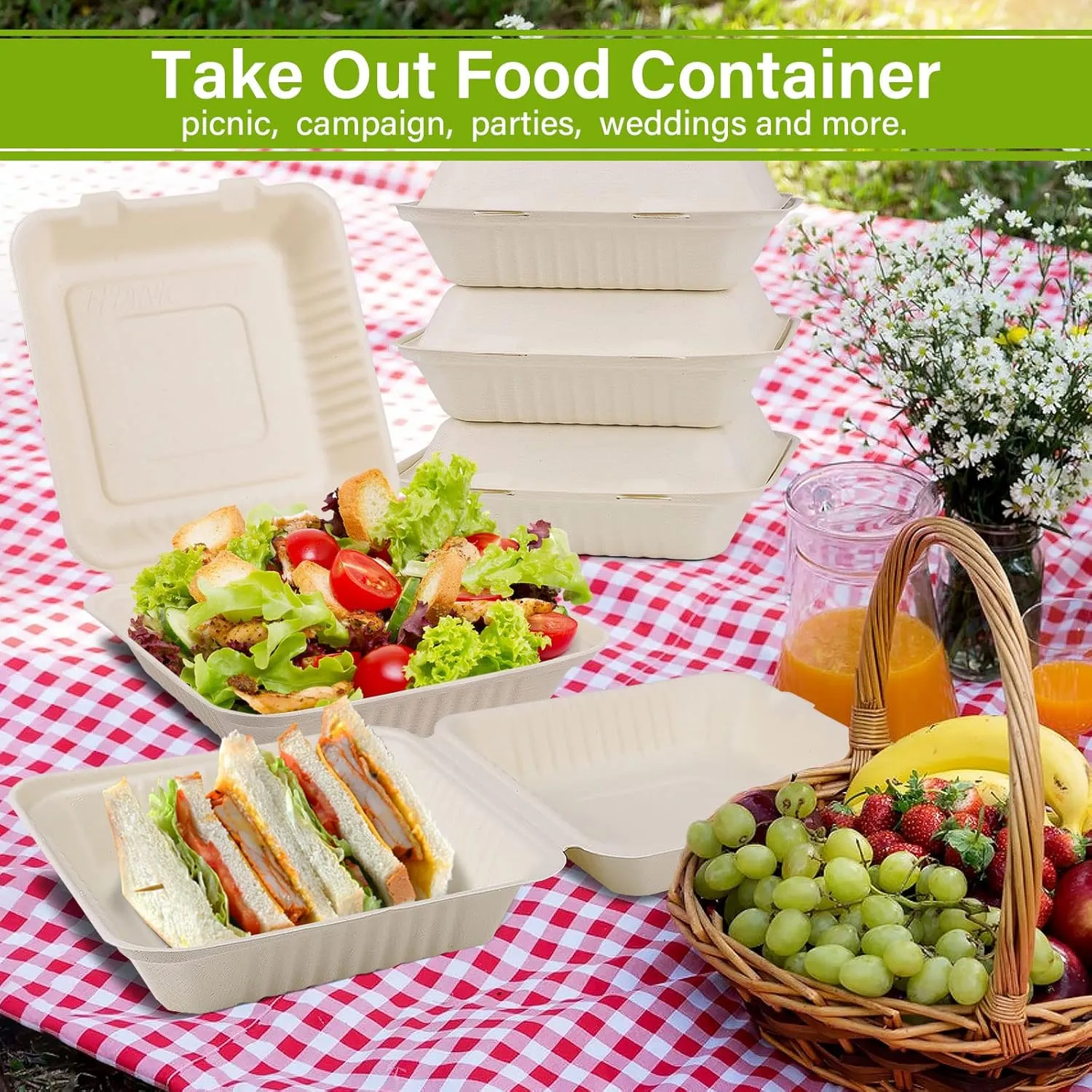 greensight Clamshell Take Out Food Containers 8X8, 100 Pack Compostable To Go Containers, Disposable To Go Food Boxes, Eco-Friendly Made From Sugarcane Fibers