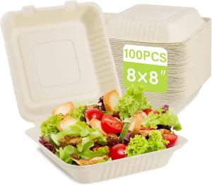 greensight Clamshell Take Out Food Containers 8X8, 100 Pack Compostable To Go Containers, Disposable To Go Food Boxes, Eco-Friendly Made From Sugarcane Fibers
