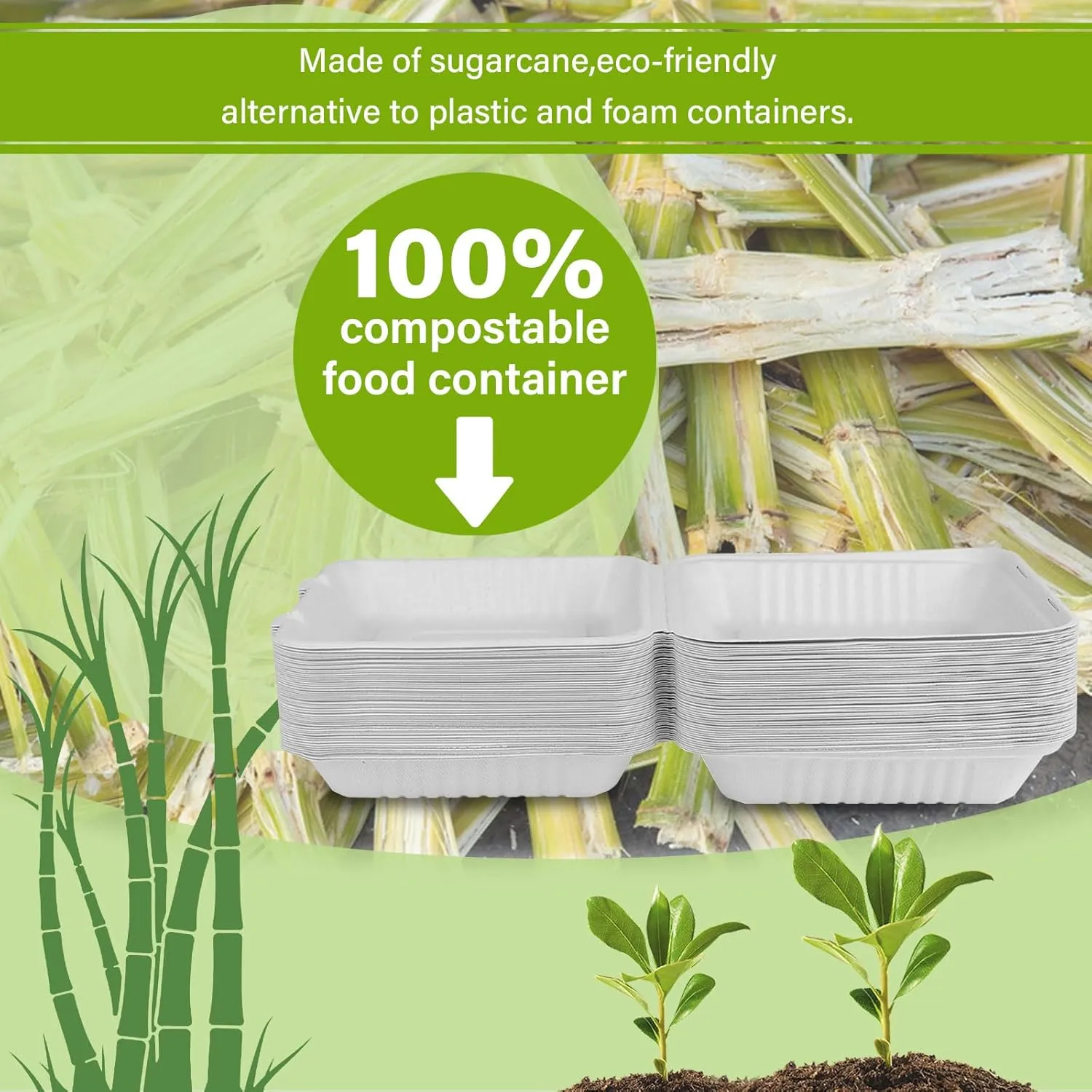 greensight Clamshell Take Out Food Containers 8X8, 100 Pack To Go Containers Disposable, Compostable To Go Boxes Heavy Duty, Biodegradable Made From White Sugarcane Fibers