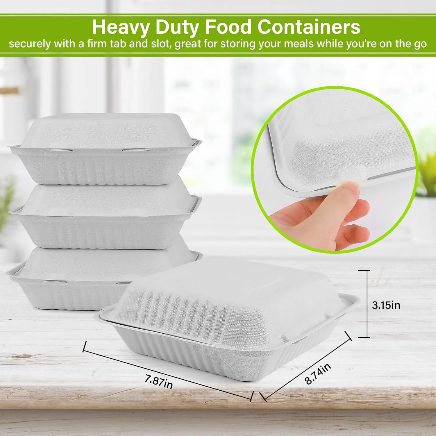 greensight Clamshell Take Out Food Containers 8X8, 100 Pack To Go Containers Disposable, Compostable To Go Boxes Heavy Duty, Biodegradable Made From White Sugarcane Fibers