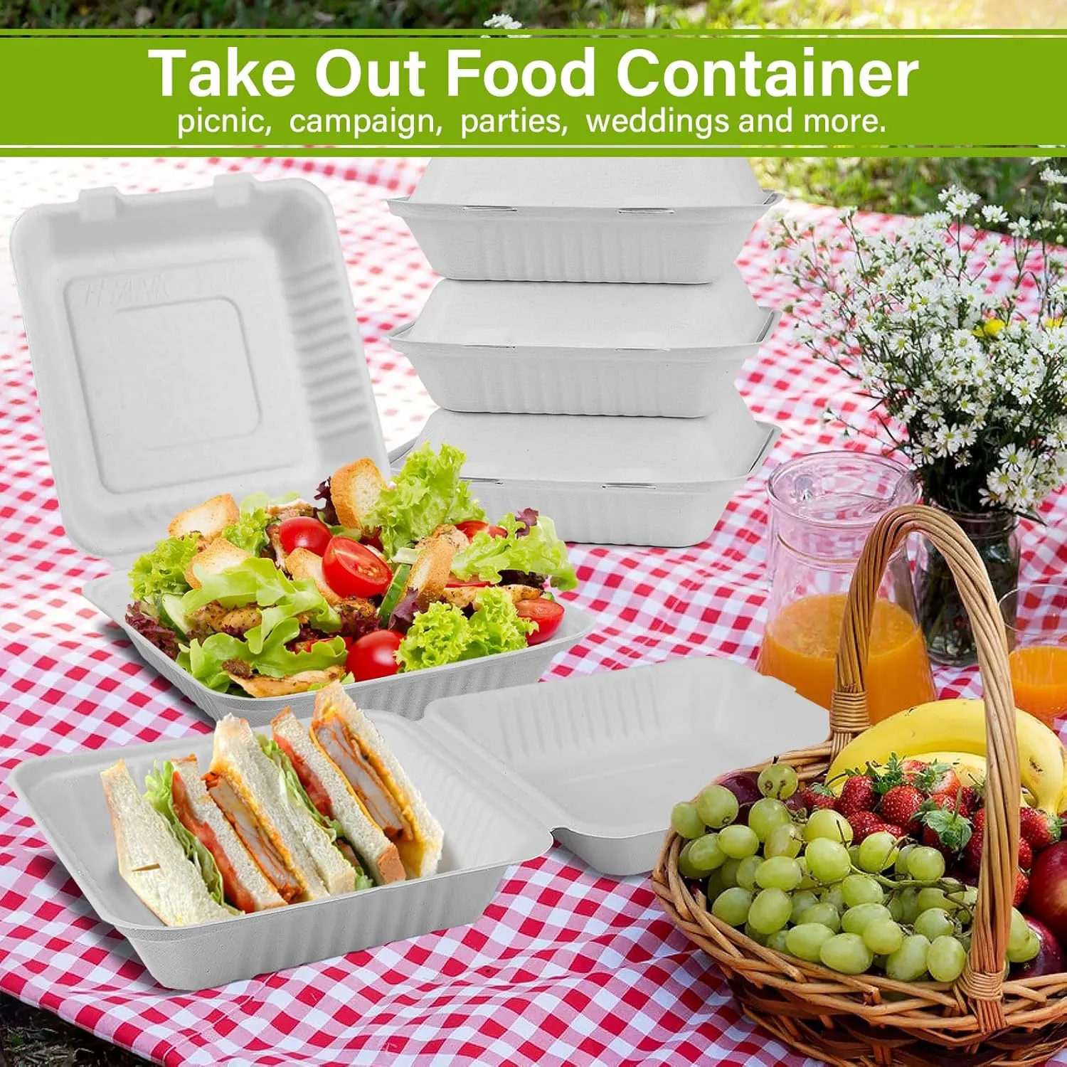 greensight Clamshell Take Out Food Containers 8X8, 100 Pack To Go Containers Disposable, Compostable To Go Boxes Heavy Duty, Biodegradable Made From White Sugarcane Fibers