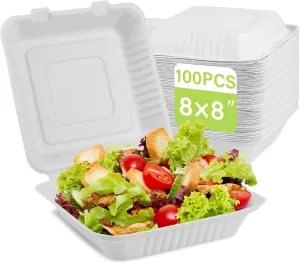 greensight Clamshell Take Out Food Containers 8X8, 100 Pack To Go Containers Disposable, Compostable To Go Boxes Heavy Duty, Biodegradable Made From White Sugarcane Fibers