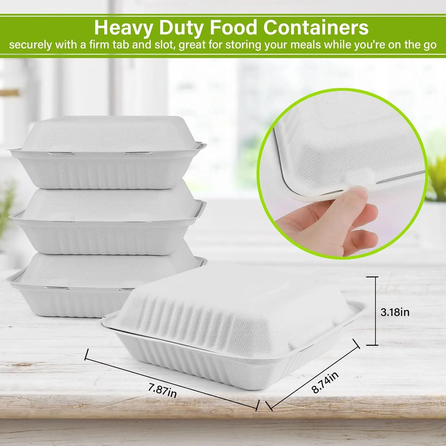greensight Compostable Take Out Food Container 8X8, 100 Pack 3 Compartment Clamshell Food Container, Disposable To Go Food Boxes, Biodegradable Food Containers Made of White Sugar Cane Fibers