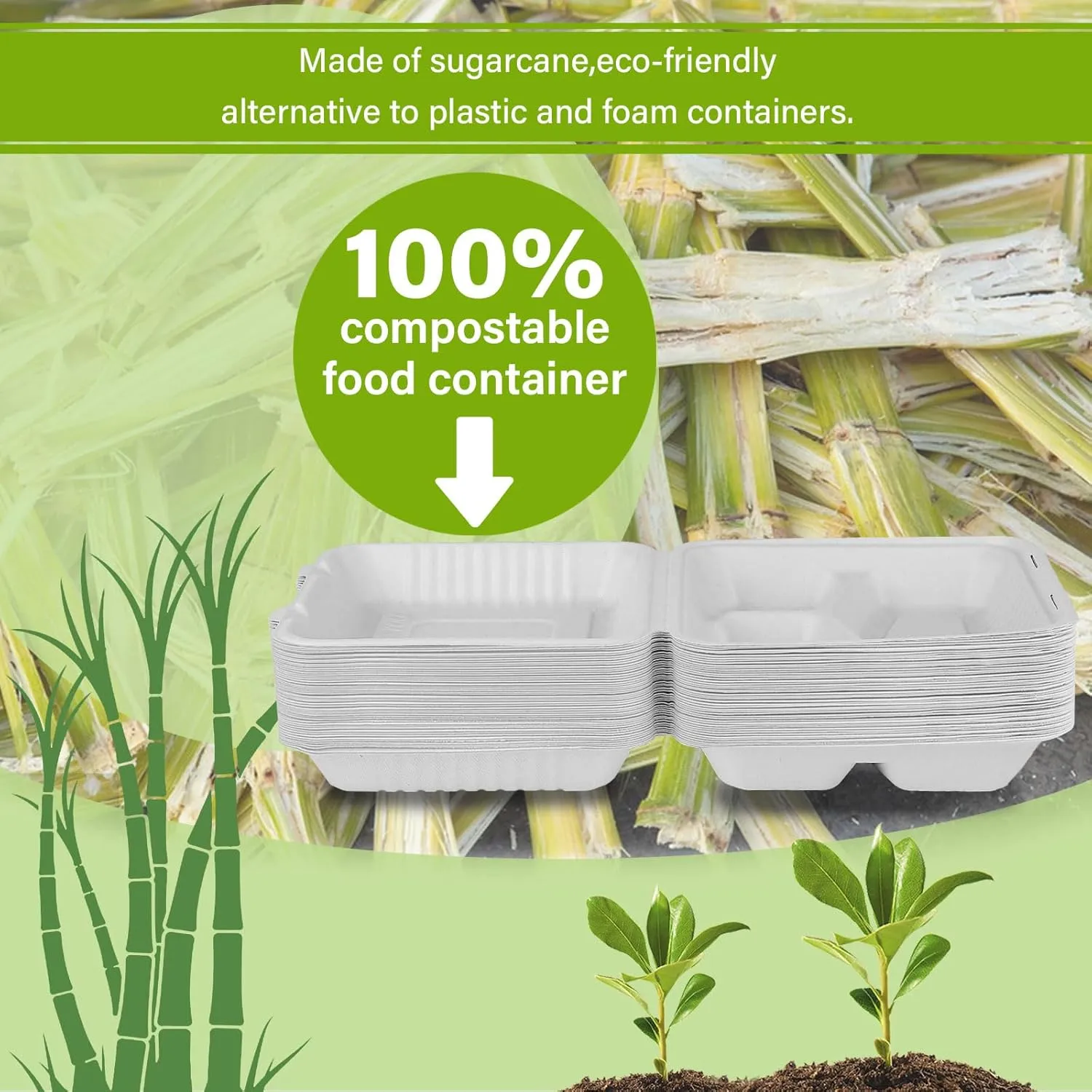 greensight Compostable Take Out Food Container 8X8, 100 Pack 3 Compartment Clamshell Food Container, Disposable To Go Food Boxes, Biodegradable Food Containers Made of White Sugar Cane Fibers
