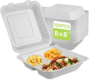 greensight Compostable Take Out Food Container 8X8, 100 Pack 3 Compartment Clamshell Food Container, Disposable To Go Food Boxes, Biodegradable Food Containers Made of White Sugar Cane Fibers