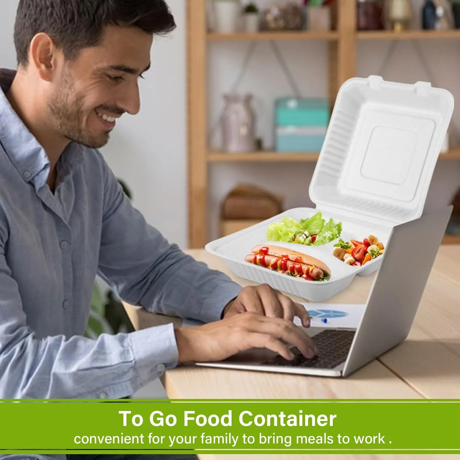 greensight Compostable Take Out Food Container 8X8, 100 Pack 3 Compartment Clamshell Food Container, Disposable To Go Food Boxes, Biodegradable Food Containers Made of White Sugar Cane Fibers