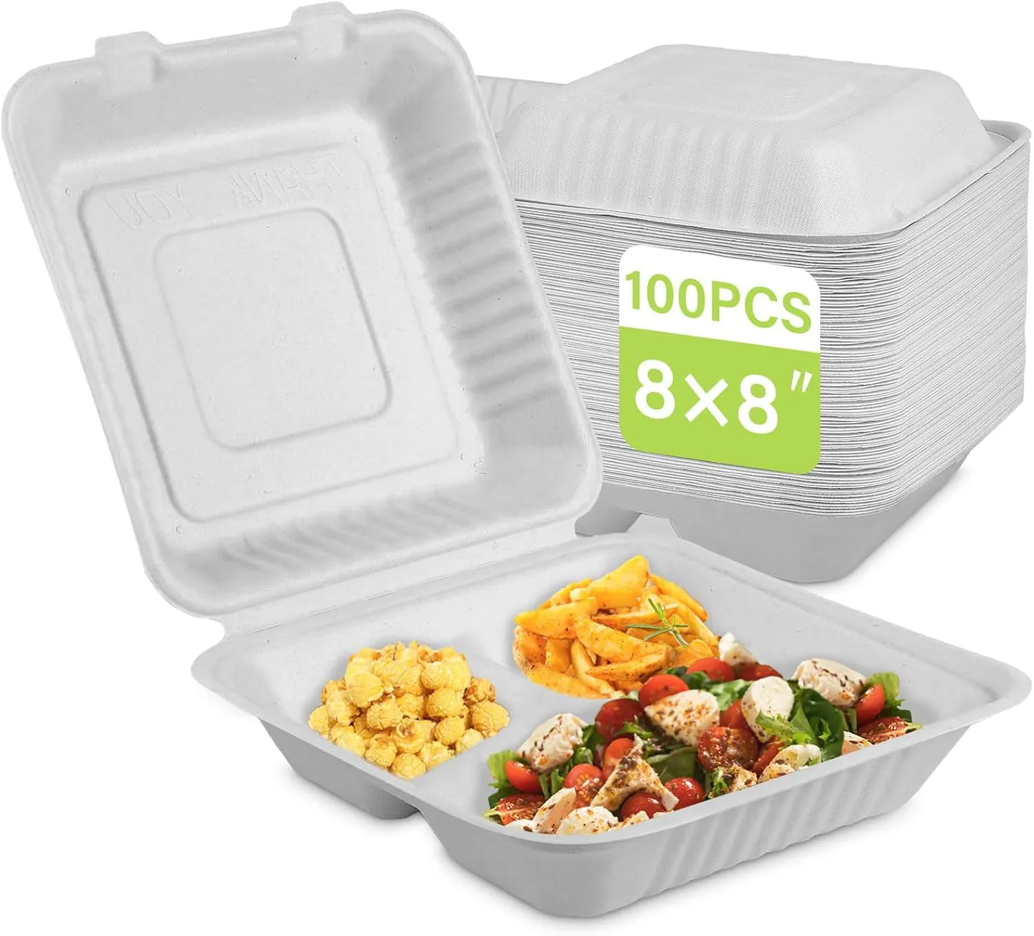 greensight Compostable Take Out Food Container 8X8, 100 Pack 3 Compartment Clamshell Food Container, Disposable To Go Food Boxes, Biodegradable Food Containers Made of White Sugar Cane Fibers